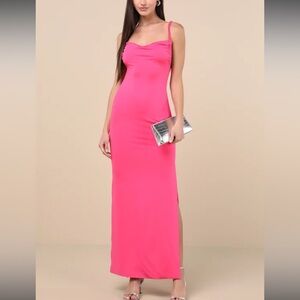 NWT Lulus Dynasty Hot Pink Slinky Knit Backless Maxi Dress